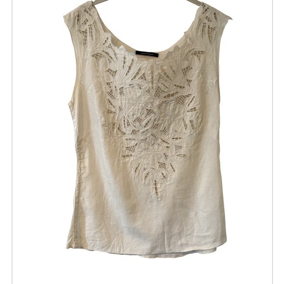 Nanette Lepore Tops - Nanette Lepore 100% Linen Embroidered Sleeveless Mixed Media Cottagecore Top